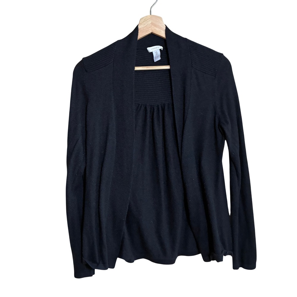 Chico's Open Front Cardigan 0 Black Women Silk Angora Blend Ribbed Layering